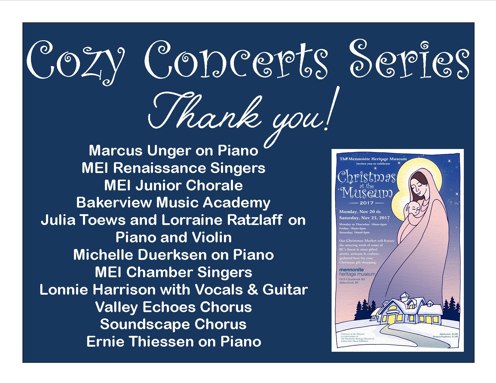 Cozy Concert Series THANK YOU List of Performers